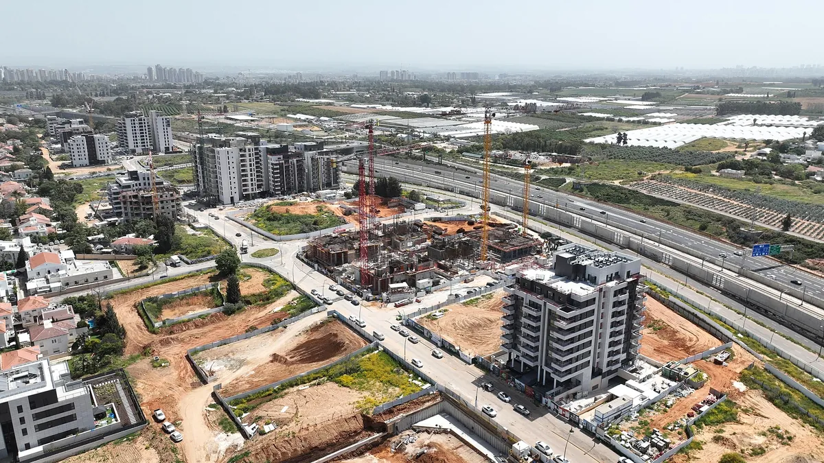 Drone view of the Markovich housing compound under construction in the HaMe'ah neighbourhood, south Ra'anana